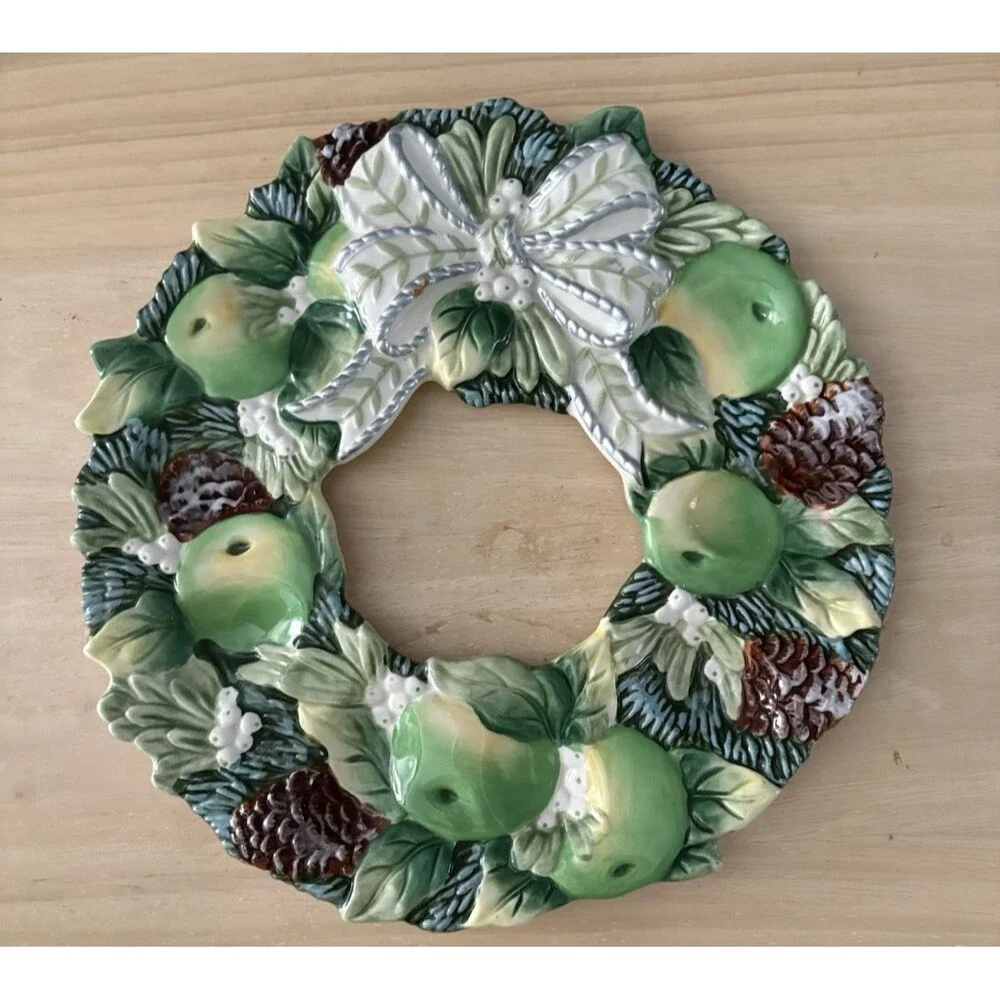 Fitz & Floyd Deviled Egg Serving Plate Winter Garden Green Wreath Christmas  9